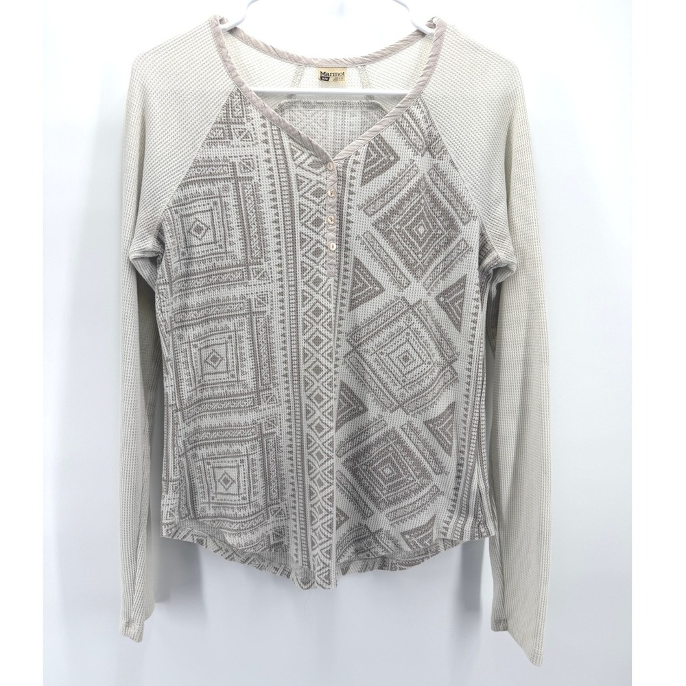 Marmot Henley Top Beige Geometric Waffle Knit Outdoor Gorp Long Sleeve Women M